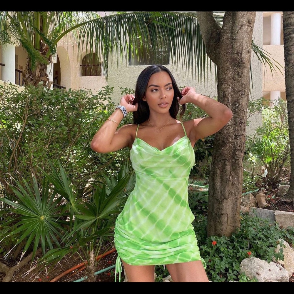 H.ours neon green tie dye cowl dress